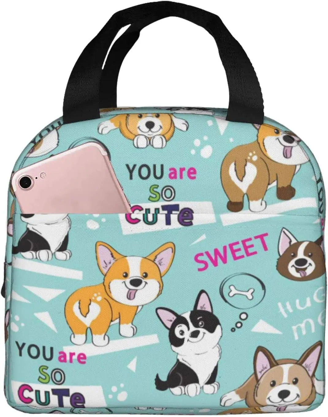 

Cute Dogs Corgi Lunch Bags Dog Pet Cooler Durable Lunch Box Bag White Geometry Reusable Thermal Lunch Bags