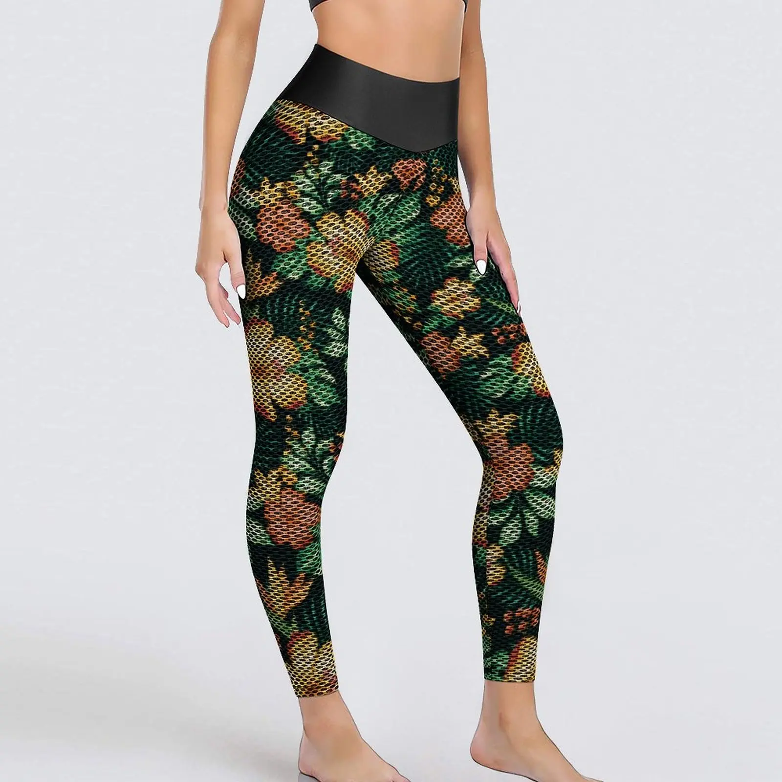 

Floral Pattern Leggings Sexy Tropical Orange And Green Flowers Workout Yoga Pants Push Up Seamless Tights Fashion Design Leggins