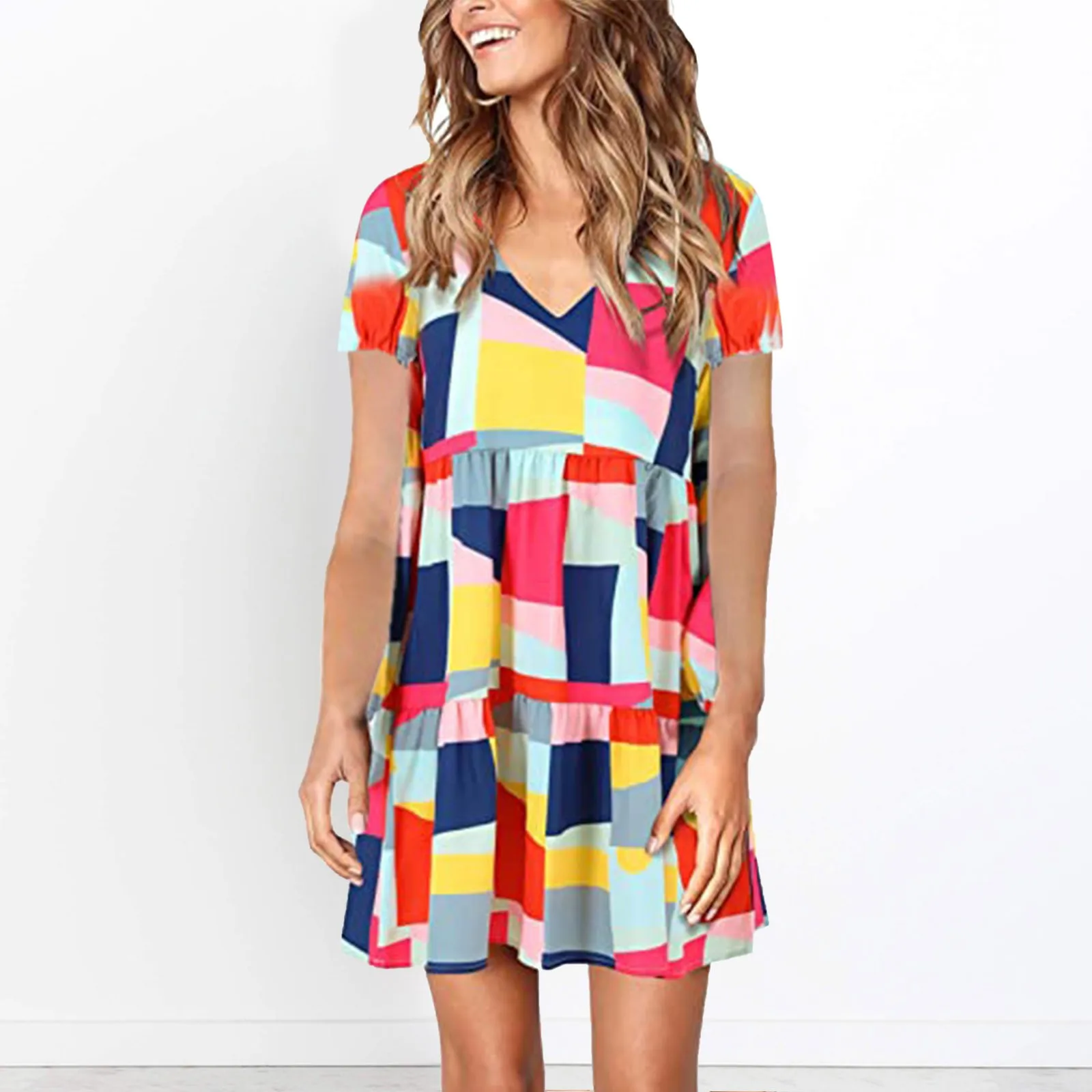 

Women Summer Tunic Dress 2022 V-Neck Casual Loose Flowy Swing Shift Dresses Fashion Vintage Printed Sundress Femme Robe Mujer