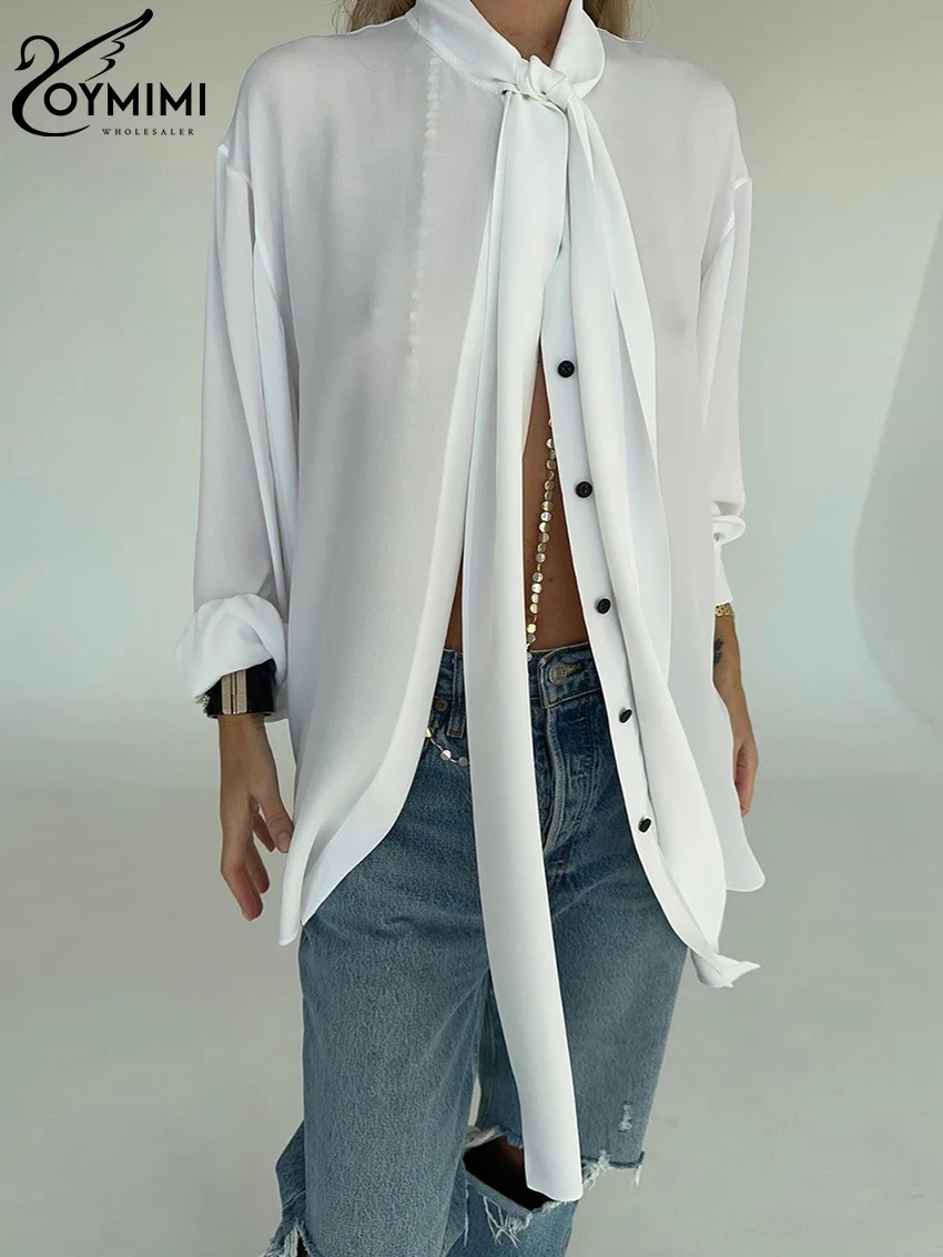 

Oymimi Casual Loose White Women'S Shirt 2024 Elegant Bow Collar Long Sleeve Blouses Fashion Classic Solid Top Female Clothing