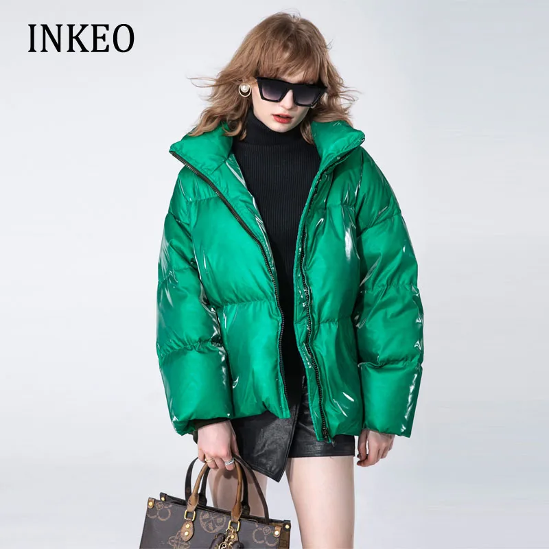 

High street 2022 Winter Bright puffer jacket Women's Oversized Fashion Turtleneck down coat Female outwear Warm INKEO 2O296