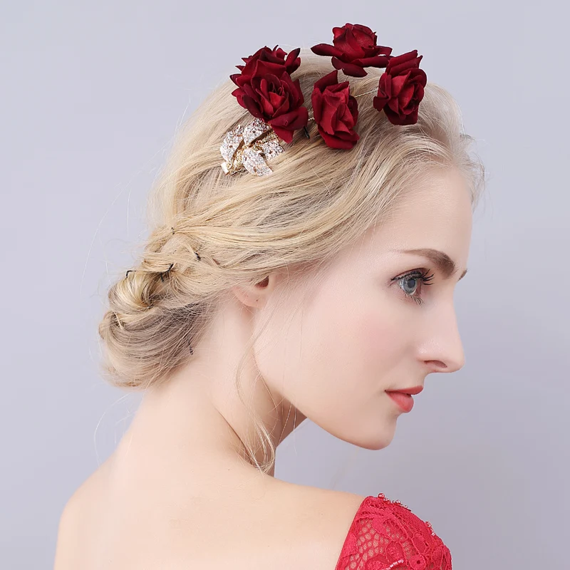 

O927 Exquisite Wedding Bridal Hairpin Red Cloth-Rose Flowers Inlaid Crystal Alloy Leaves Handmade Brides Bridesmaid Headpiece