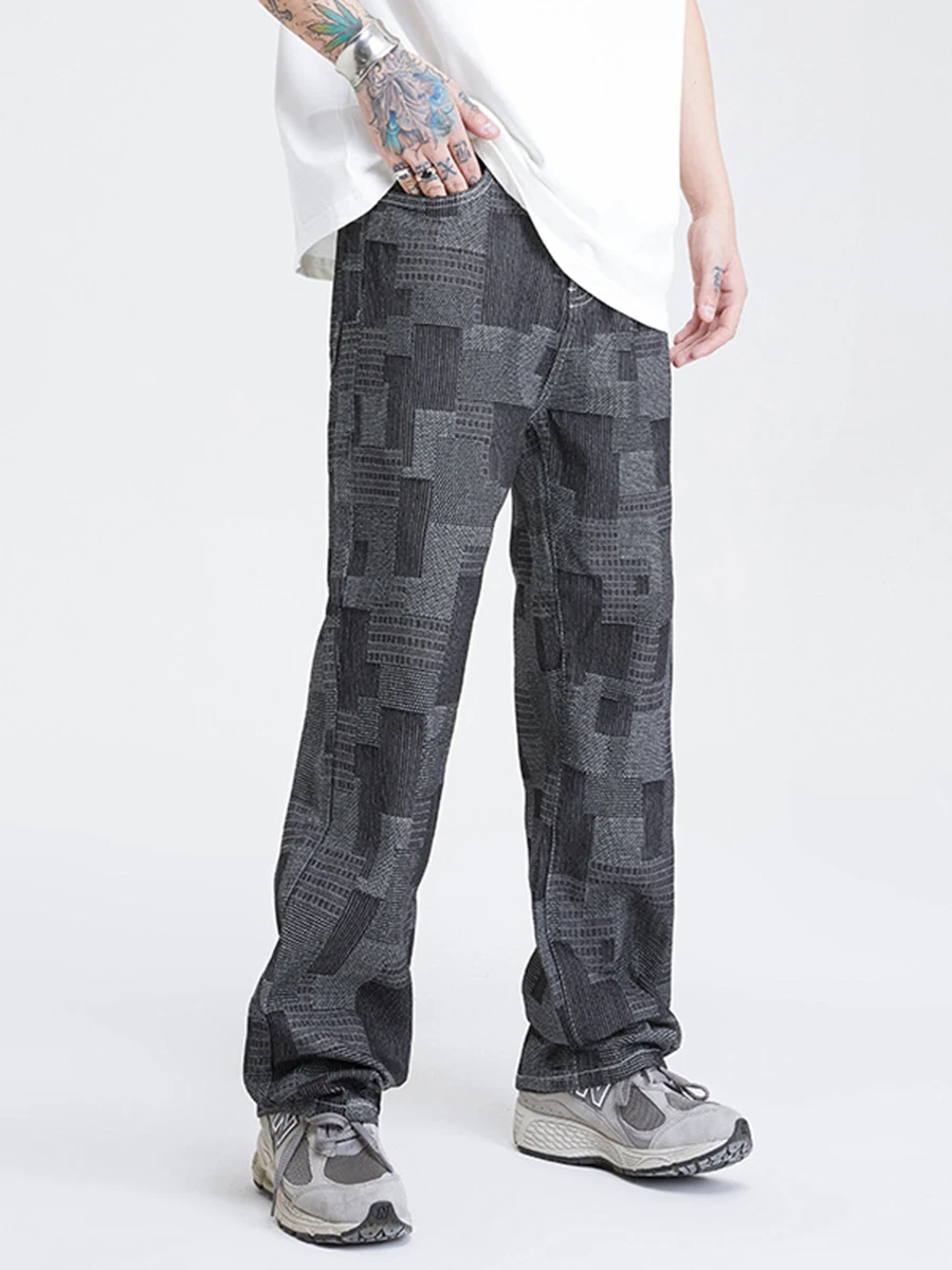 Four Seasons Men's High Street Retro Jeans Plaid Patch Ins Casual Loose Straight Wide Leg Pants Fashion Streetwear Ins Hot Sale