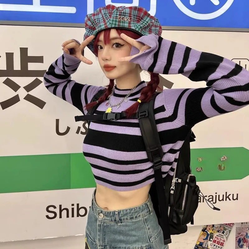 

Y2k Kpop Purple Striped Crop Sweater Women Korean Streetwear Vintage Gyaru Slim Jumper Hippie Harajuku Aesthetic Jersey