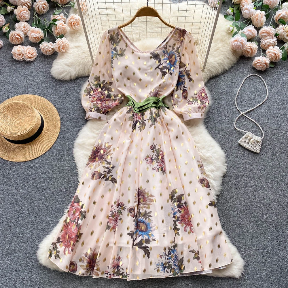 

French Floral Print A-line Dress Women's New Fashion Summer Round Neck Short Sleeve Elegant Clothes Party Vintage Vestidos F150