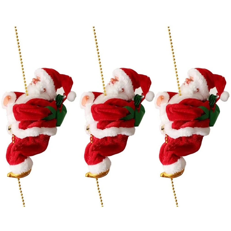 

3Pcs Electric Animated Climbing Santa Claus On Beads Chain Musical Moving Figure Christmas Ornament