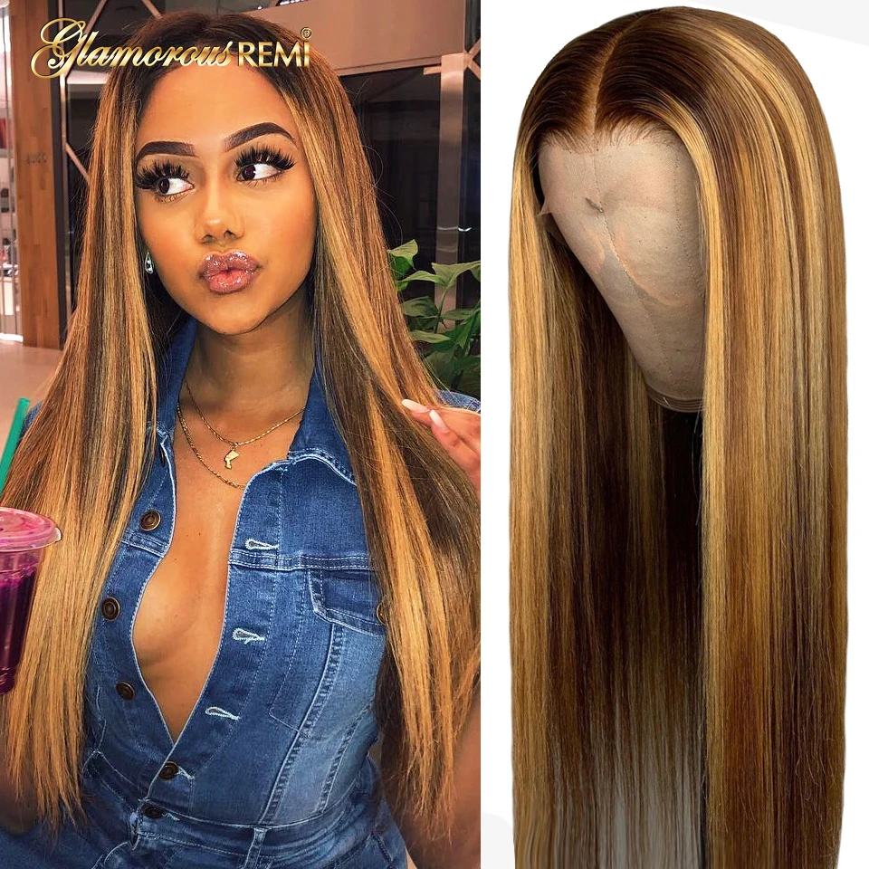 Highlight Straight Lace Front Wig Honey Blonde Glueless Wig Human Hair Preplucked Transparent Straight Lace Front Human Hair Wig