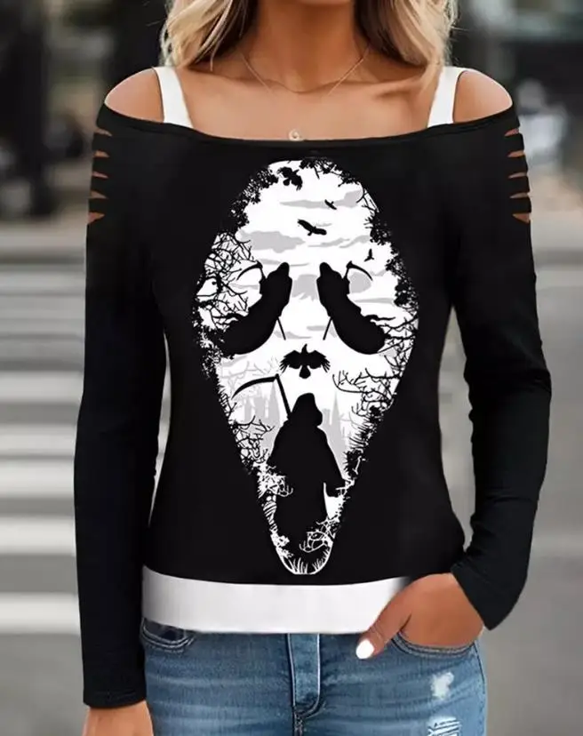 

Top for Women2023 Autumn Winter Halloween Skull Death Novelty Graphic Print Ladder Cutout Top Long Sleeve Pullover Tops Basic