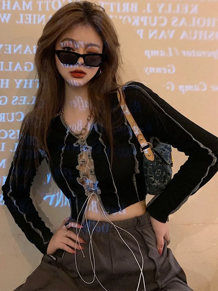 Футболки женские модные с вырезом на груди длинным рукавом крутые хипстерские