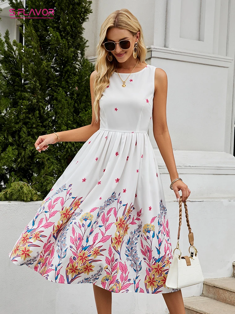 

S.FLAVOR винтажное женское платье трапециевидной формы с круглым вырезом без рукавов с принтом 2022 летние белые Повседневные платья офисный Раб...