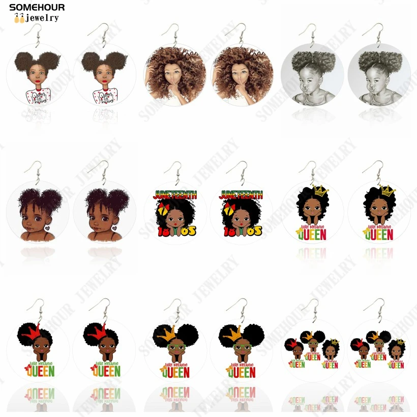 

SOMEHOUR Afro Melanin Queen Natural Hair Wooden Drop Earrings Black Curly Baby Art Printed Big Circle Pendant Dangle For Women