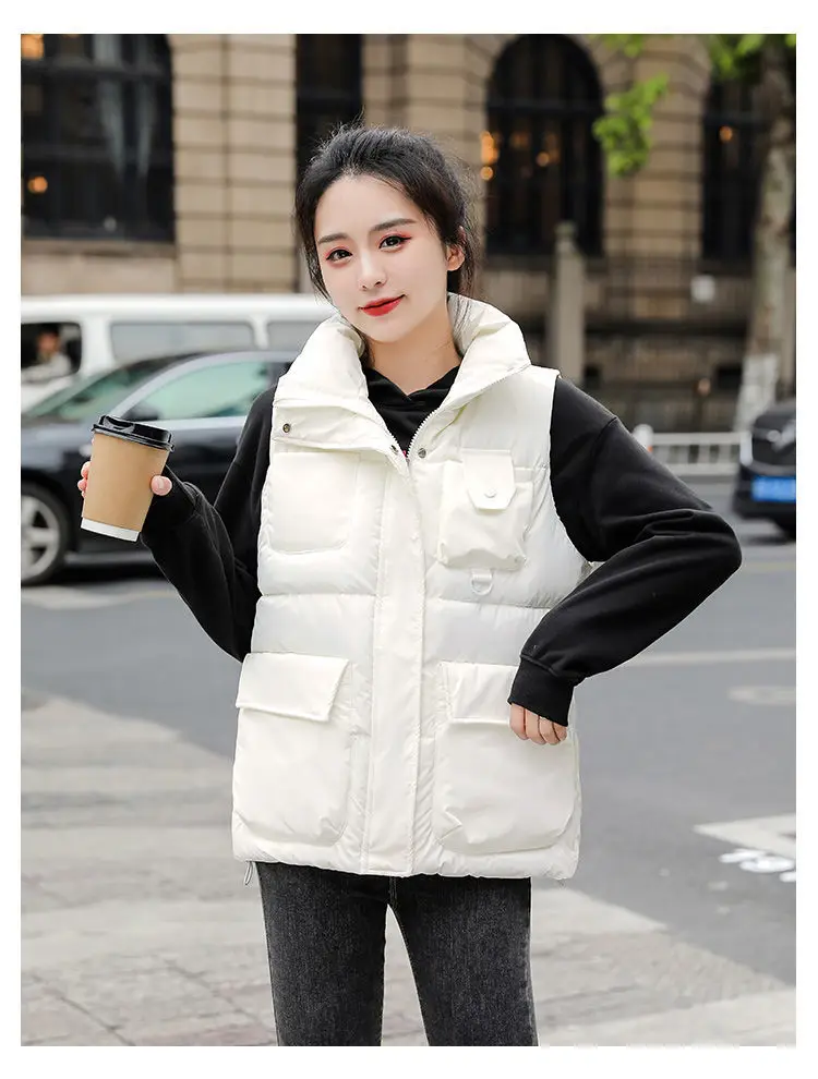 

Beardon Autumn Winter Women's Glossy Down Cotton Vest 2022 New Fashion Loose Short Stand Collar Vest Warm Waistcoats