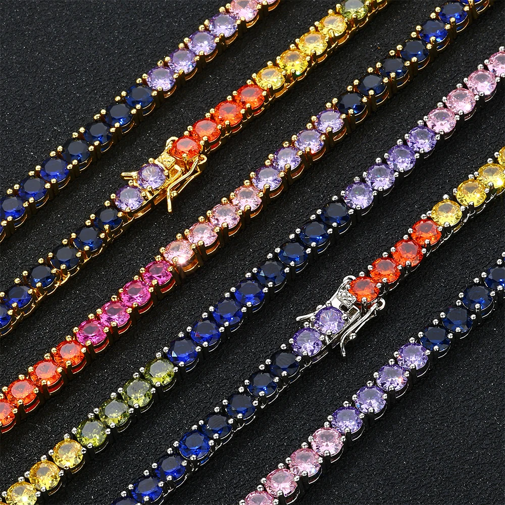 Фото Новый 5 мм Iced Out Bling Радуга красочный кубический цирконий CZ теннисная цепочка для женщин и мужчин очаровательное колье-колье ювелирные изделия подарок №4