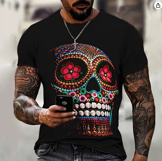 

2023 Summer new Skull print T-shirt Men's casual short sleeve clothing Street hip hop 3D printed top