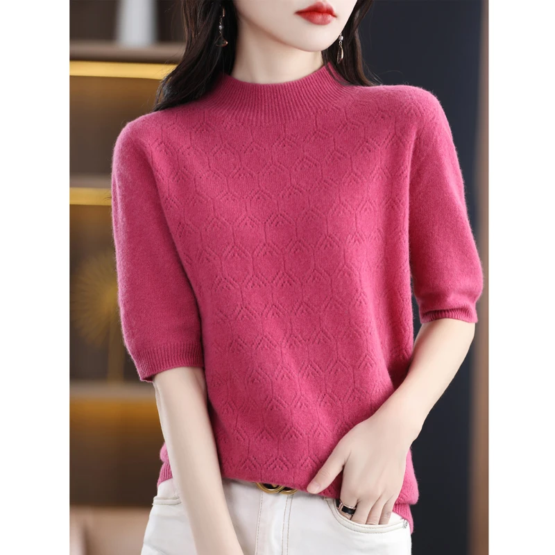 

Весенний женский свитер, модный ажурный джемпер, Женский пуловер с высоким воротником, одежда с коротким рукавом, вязаные топы из 100% шерсти, рубашка
