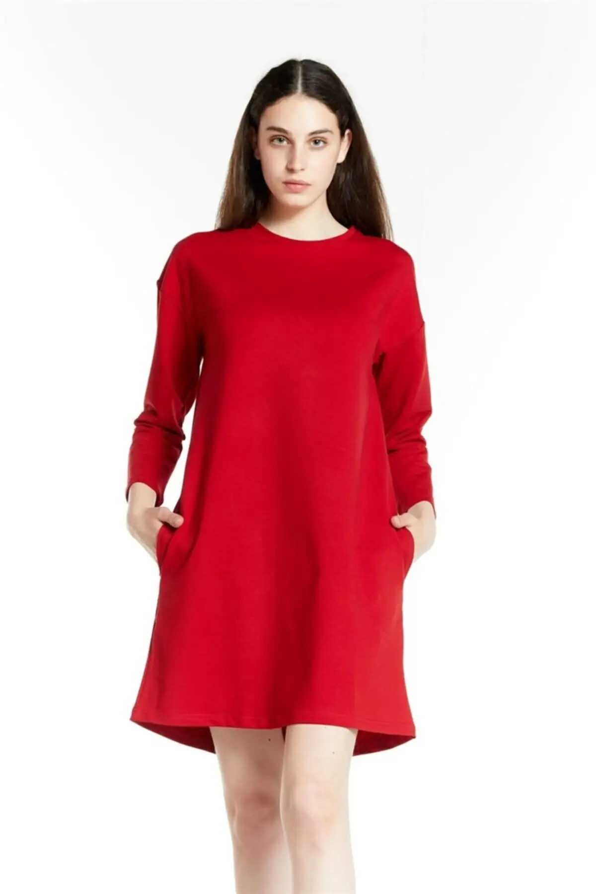 

Женская повседневная одежда, Красное трикотажное платье оверсайз с длинным рукавом и велосипедным воротником, базовая трендовая удобная о...