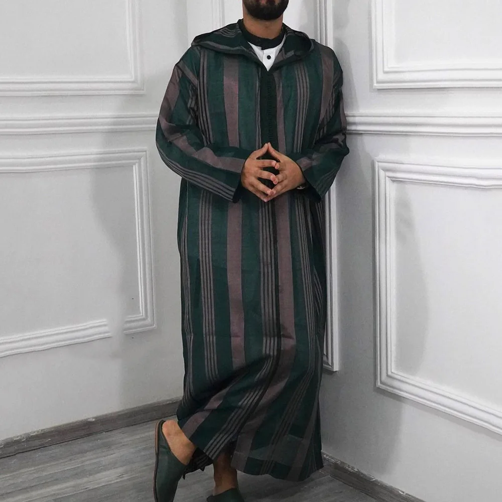 New Muslim Mens Robe Islam Abaya Arabic Striped Hoodie Ensembles Musulmans Colorblock Robe Homme Musulman Arabe Djellaba Homme