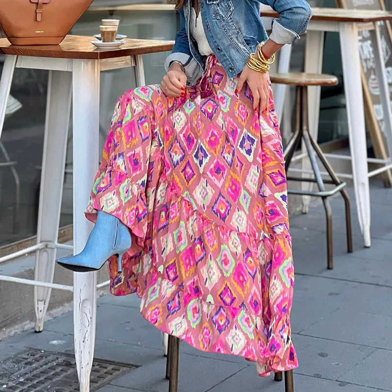 

Women Elegant Flower Print Long Skirt Summer Fashion Hight Waist Tie-up Loose Party Skirt 2023 Casual Pleated Ruffle Beach Skirt