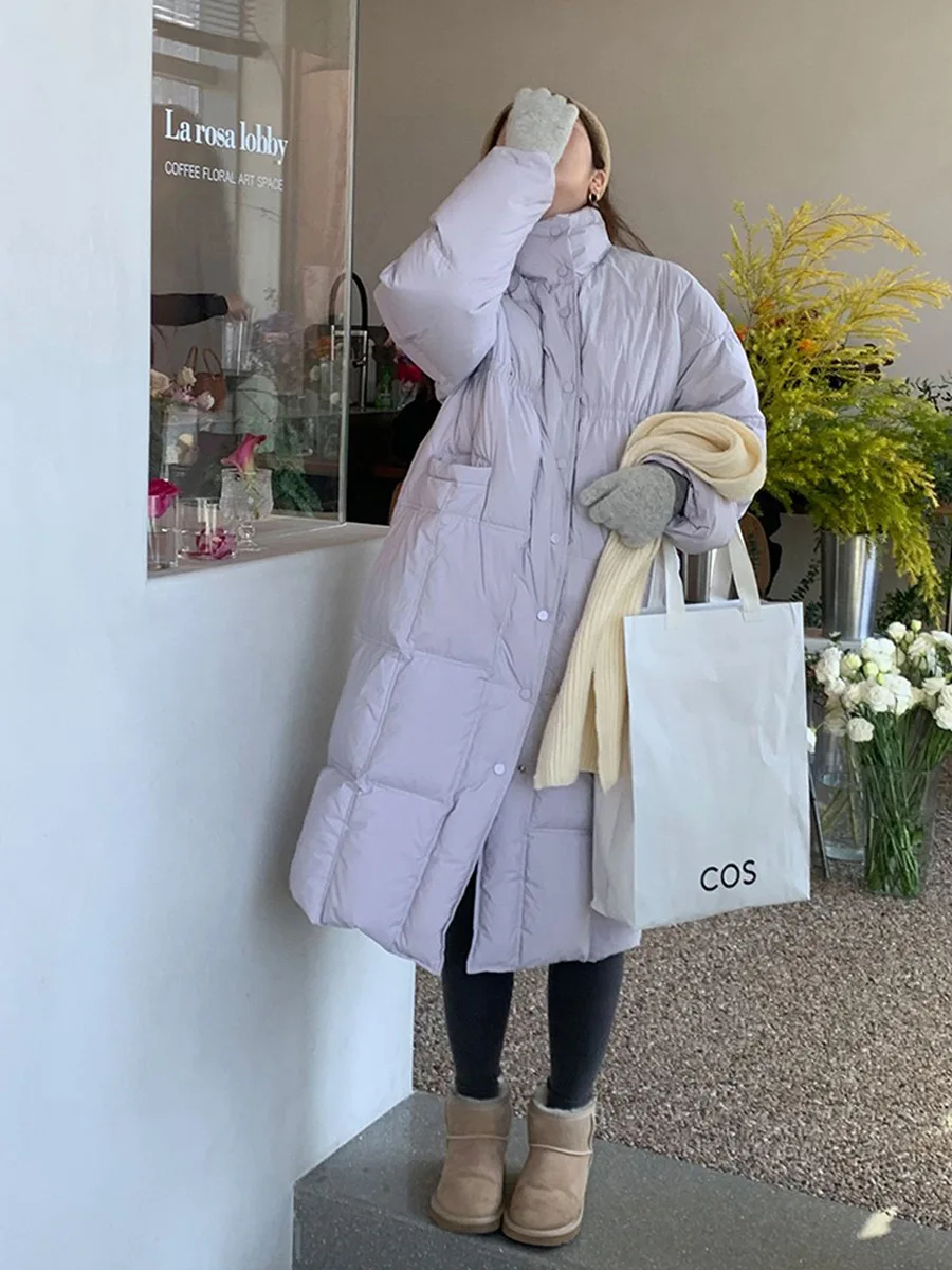 Winter Down Jacket Long Models Knee-length Temperament Fashion Loose Standing Collar Models White Duck Down Women's Jacket