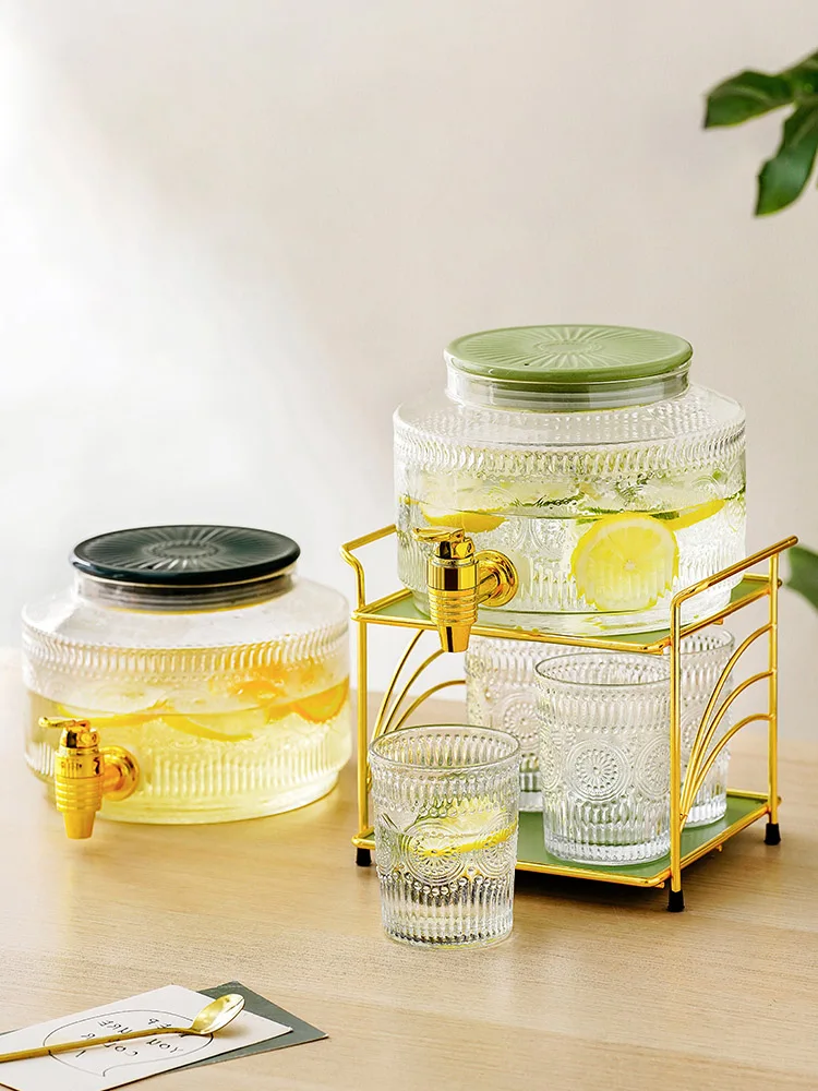 

Striped Glass Water Tank With Tank Transparent Fridge Beverage Barrel 2.8L Teapot Summer Cold Water Cups