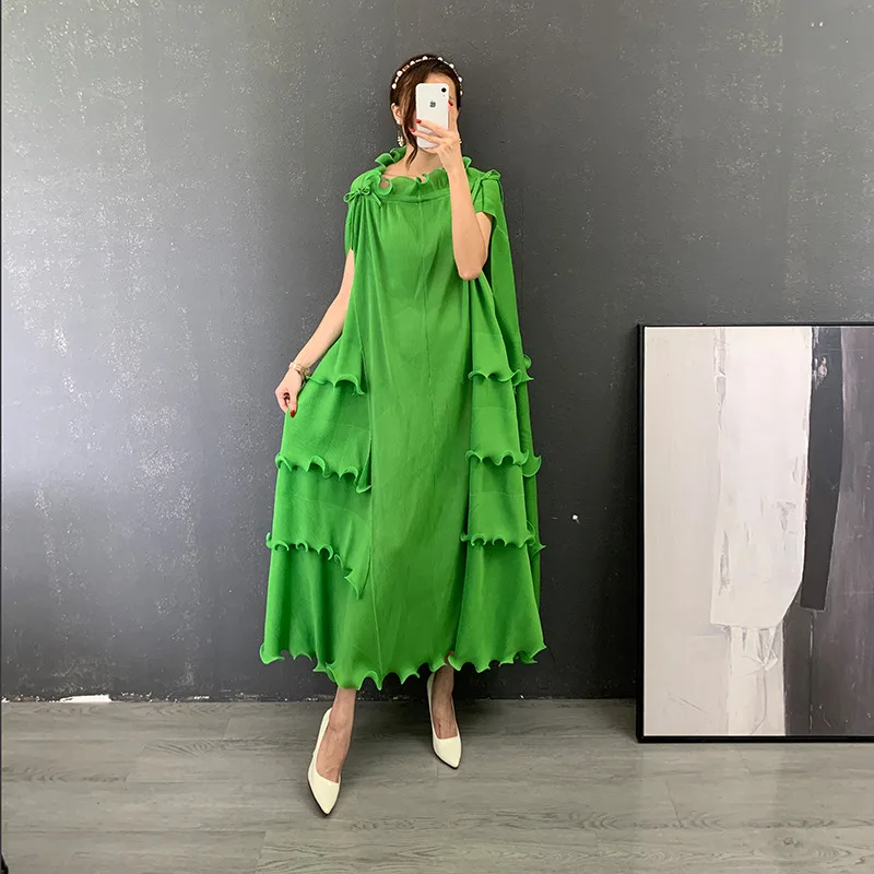 

SuperAen 2022 Summer New Solid Lace Bottom Belt Slim STAND Sleeveless Mid-Calf Flounced Edge A-LINE Casual Woman Dress