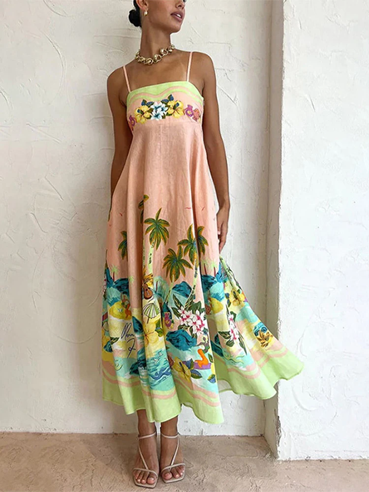 

Summer Floral Print Beach Dress Women Elegant Sleeveless Backless A-line Long Dresses Female Fashion Slip Party Holiday Dress