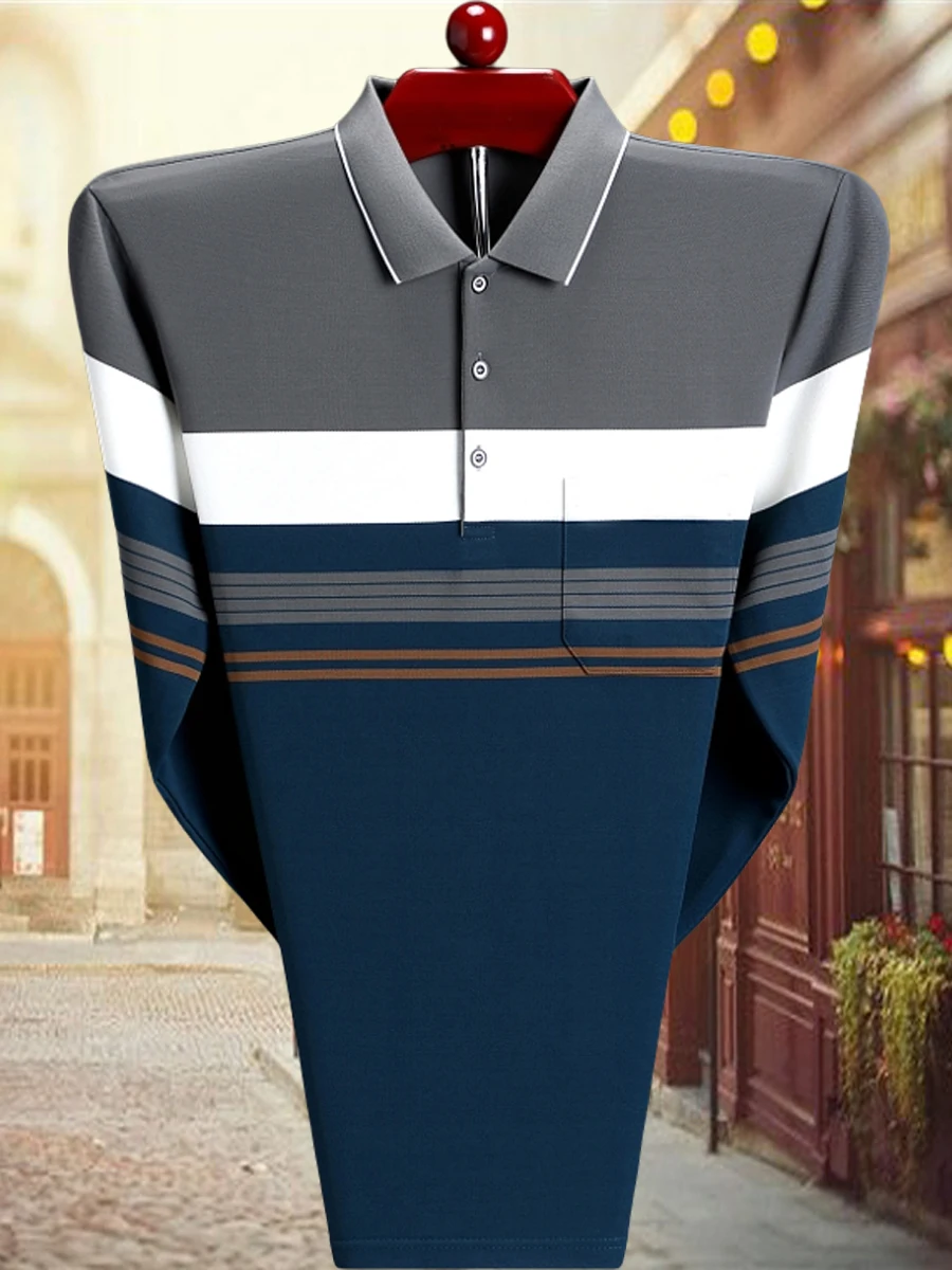 Woodpecker Spring and Autumn Men's Lapel Stripe Long sleeves Shirt Daddy Clothes Real Pocket Mercerized Cotton Base Polo |