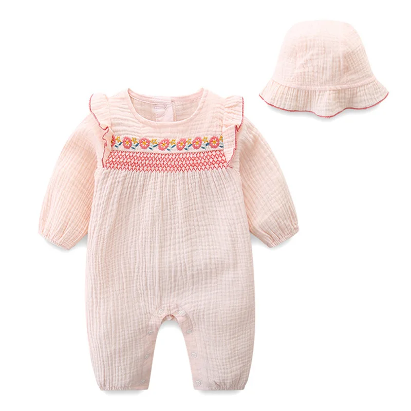 

Autumn Newborn Baby Girls Romper+Hat Long Sleeved Cotton Flower Embroidery Toddler Baby Girl Jumpsuit Baby Girl Clothing