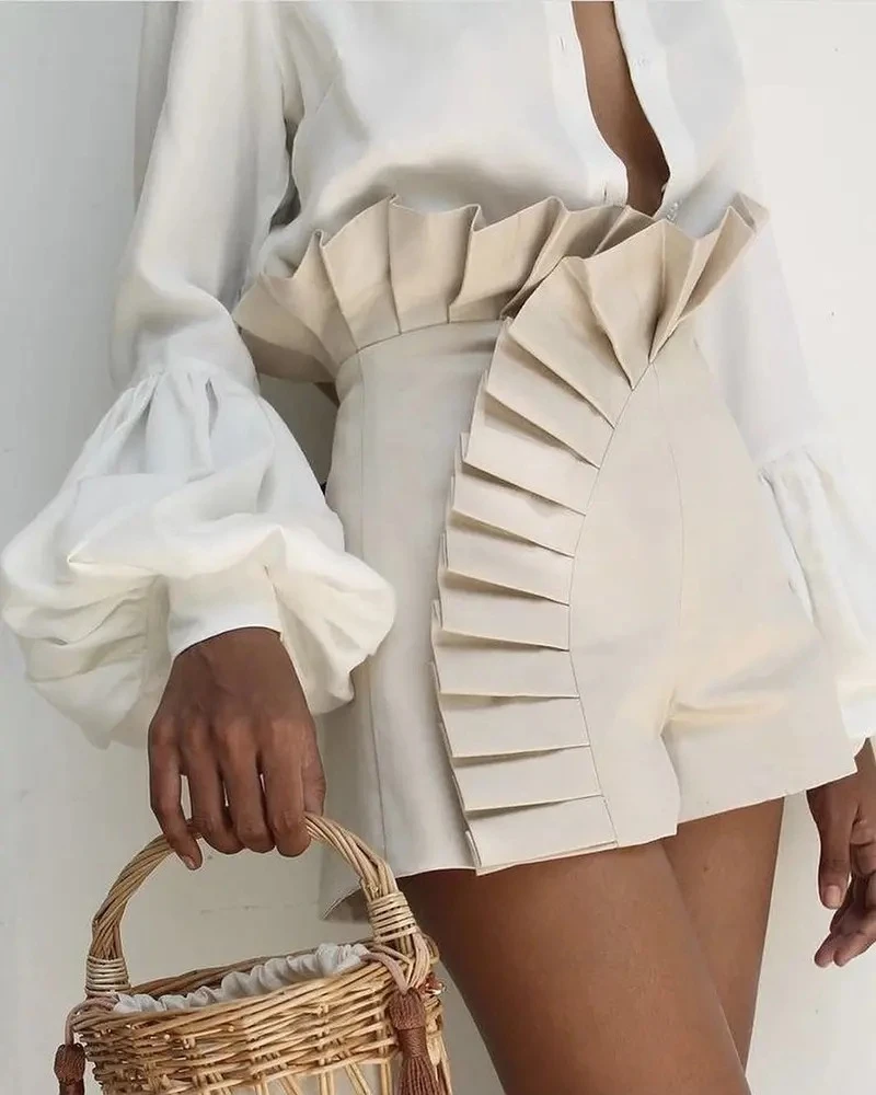 Elegant Ruffles Summer Shorts Women Pleated High Waist Fashion Casual Pants Female Sexy Bottom Office Lady Clothing Outfits