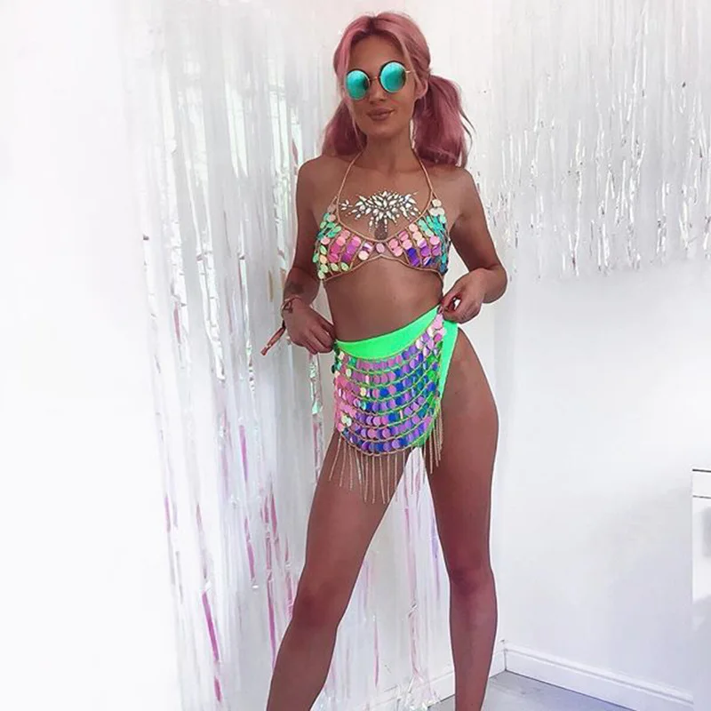 

Sexy belly dance costume Carnival bra Sequins Geometric Matching Sets beach wear nightclub Mini Skirt Rave Festival 2 Piece Set