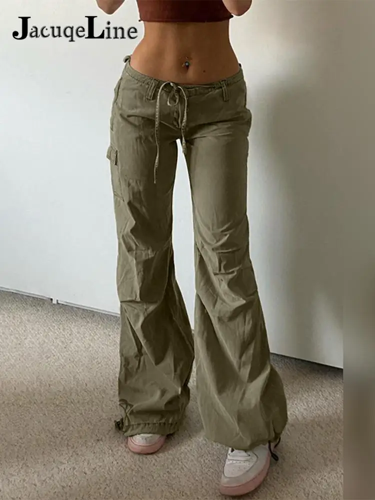 

Jacuqeline 2022 Low Waist y2k Cargo Straight Pants Women Green Tie Up Baggy Skinny Trousers Retro Harajuku Street Sexy Sweatpant