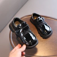 childrens british style square toe leather shoes 2022 spring new boys black glossy girls non slip uk uniform simple hook loop