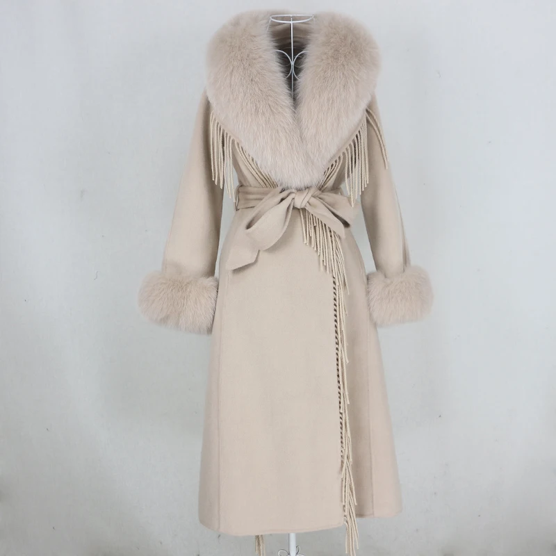 

OFTBUY 2023 X-long Tassel Cashmere Wool Blends Real Fur Coat Belt Winter Jacket Women Natural Fox Fur Collar Cuffs Streetwear