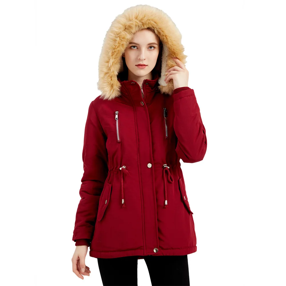 2022 Winter Jacket Women Thickened Casual Cotton Coat Removable Hat Plush Winter Coat Women and Fashion Winter Coat Black Red