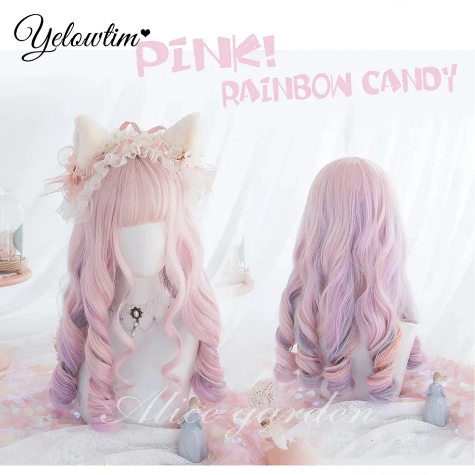 YELOWTIM розовый градиент длинные прямые синтетические парики с челкой косплей