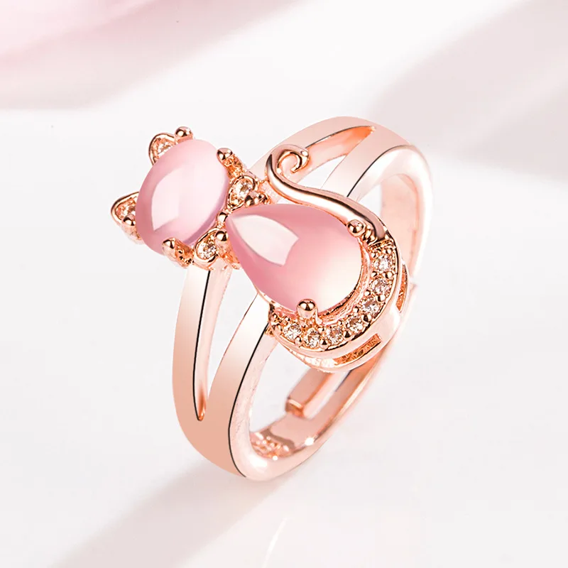 

HOYON 14K Rose Gold Color Pink Crystal Cat Ring Women's Diamond Hibiscus Stone Cat Ring Open Fashion Jewelry Free Shipping