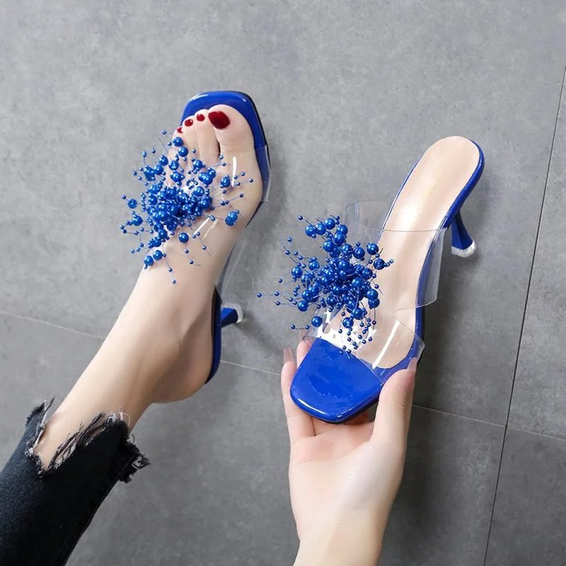

Fashion PVC Slippers Kitten Heels Women Sexy Fish Slides Crystal Bead Flower Gold White Slides Dress Shoes Woman Banquet Pumps