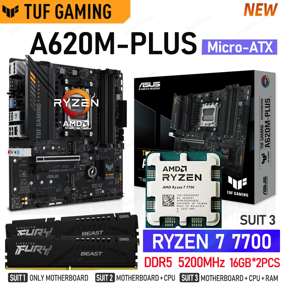 ASUS AMD A620 AM5 материнская плата DDR5 TUF GAMING A620M PLUS сокет AM5 комплект RYZEN 7 7700 ЦП + Kingston 5200 МГц 32 Гб ОЗУ новый комплект