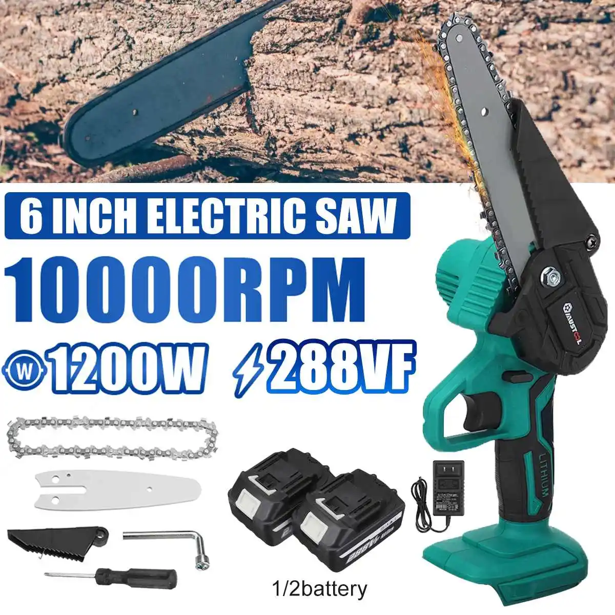 

1200W 288VF 6 Inch Mini Electric Chain Saw With 2 Battery Handheld Pruning Chainsaw Woodworking Electric Saw Cutting Power Tools