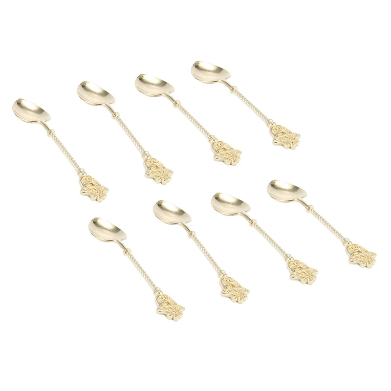 

8Pcs / Vintage Gold Spoon Alloy Coffee Ice Cream Dessert Spoons Royal Style Retro Stick Coffee Tea Spoons Kitchen Tools