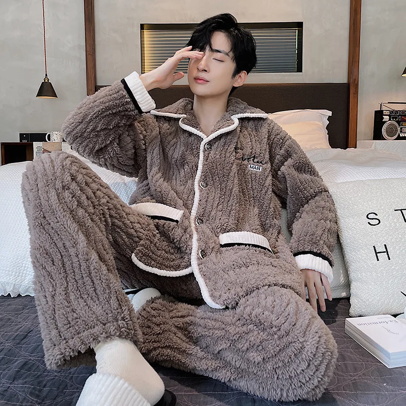 

Костюм Ночная Рубашка домашняя флисовая Полосатая Зимняя одежда кораллового цвета с длинным рукавом пижамы домашние мужские пижамы на пуговицах теплая Пижама