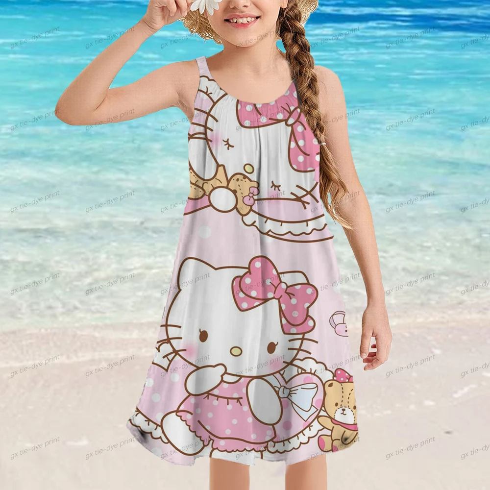 

Hello Kitty Printed Mini Summer Dress Girl O-Neck Casual Beach Children's Cartoon Bottom Wrap Dress Girl 2023 Summer