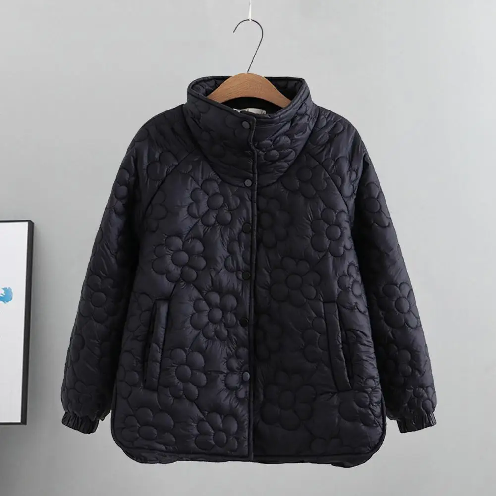 

Floral Stand-up Collar Coat Solid Color Coat for Women Winter Jacket for Women Stand Collar Button Placket Flower for Indoor