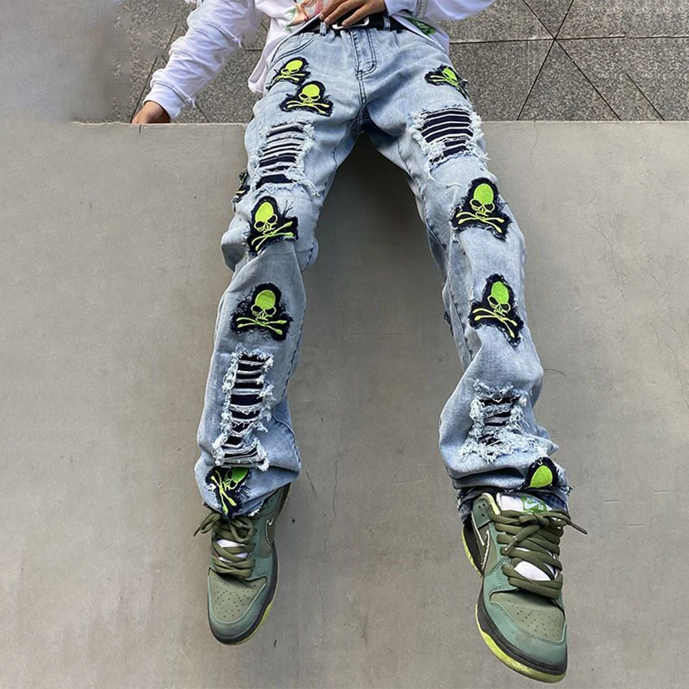 Y2K Fashion Street Style Ripped Jeans 2023 Men's Washed Skull Embroidery Design Denim Trousers Oversized Casual Loose Slim Pants