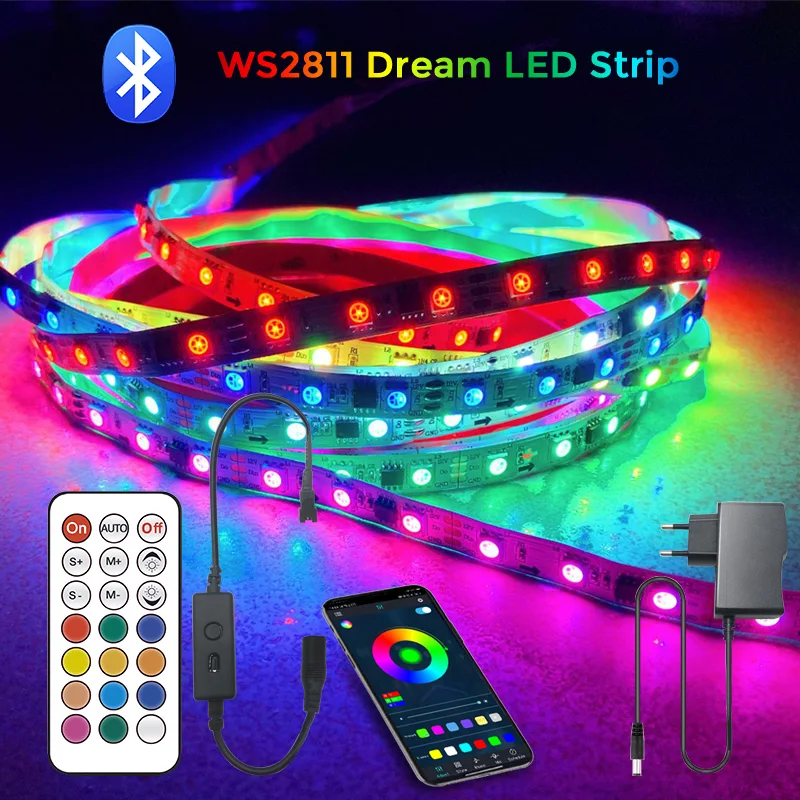 

WS2811 Addressable Strip Smart App Controller Led Strip Light Kit 5M 10M 15M 20M 5050 LED RGBIC Dream Tape DC 12V Adapter