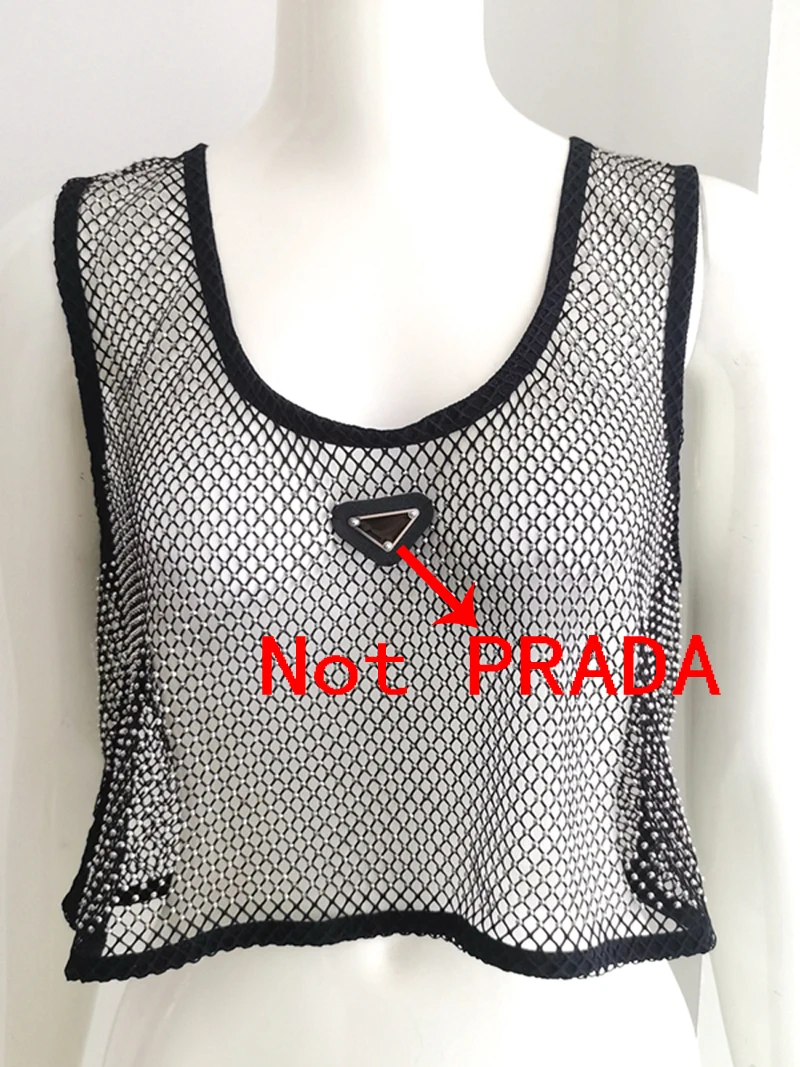 2022 New Women's Sexy Bringbring Rhinestone Vest Top Diamond Metal Tank Tops Sleeveless Casual Short Black Mesh Crop Not Prada