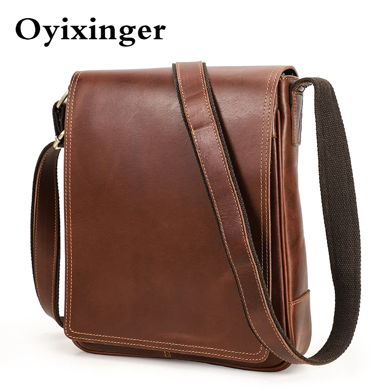 OYIXINGER High-quality Cow Leather Men Crossbody Bag For Small Flap Shoulder Bag For Men Casual Messenger Bags For 9.7 inch IPAD