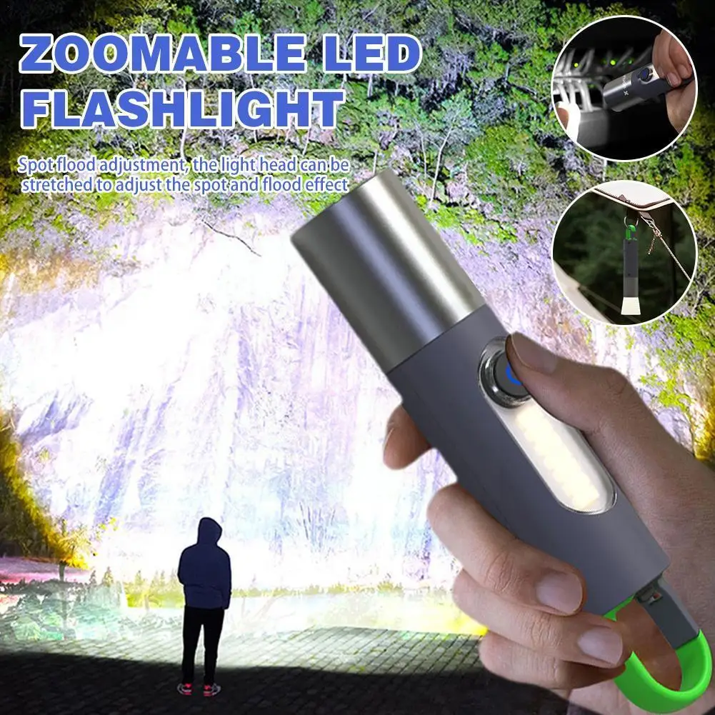 

Usb Rechargeable Flashlight High Lumens Zoomable Led Flashlight With Cob Side Light 4modes Floodlight Torch For Outdoor Cam D3v1