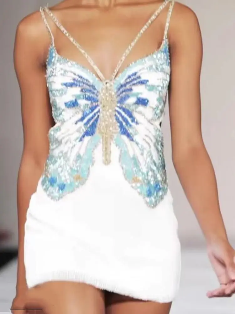 2022 New Summer Design Fashion Luxury Spaghetti Beaded Sequins Shiny Bodycon Bandage Mini Dress Club Party Dress Outfits