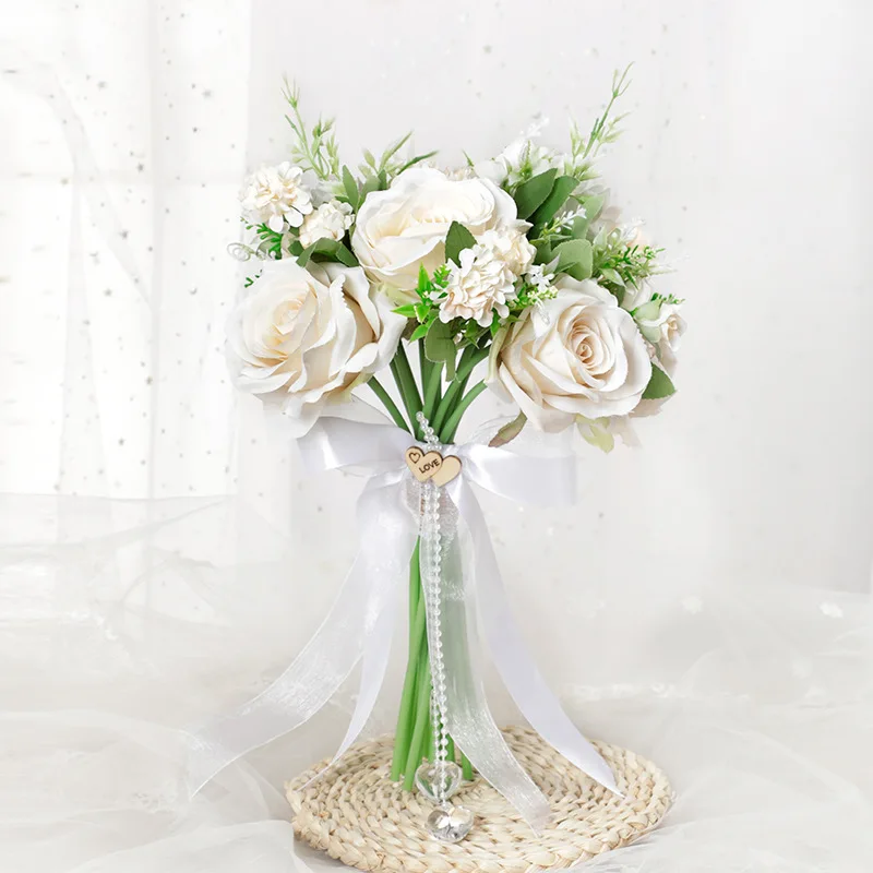 

Blossom Wedding Bouquet, Crystal Pearl Silk Rose Bride Bridesmaid Wedding Holding Roses for Wedding Parties and Churches